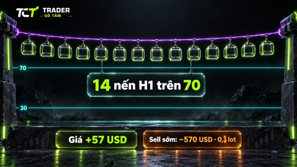 vùng quá mua quá bán: RSI 14 khung H1 của vàng nằm trên 70 liền 14 nến trong khi giá tăng 57 USD, Sell sớm lỗ 570 USD với 0,1 lot