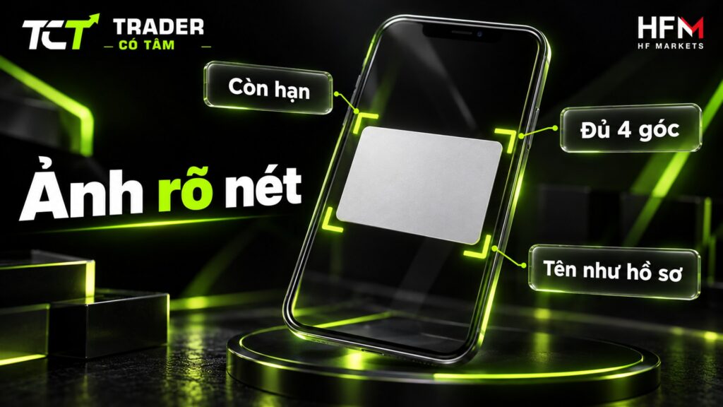 Xác minh tài khoản HFM: chụp giấy tờ còn hạn, đủ 4 góc, họ tên giống hồ sơ đã khai